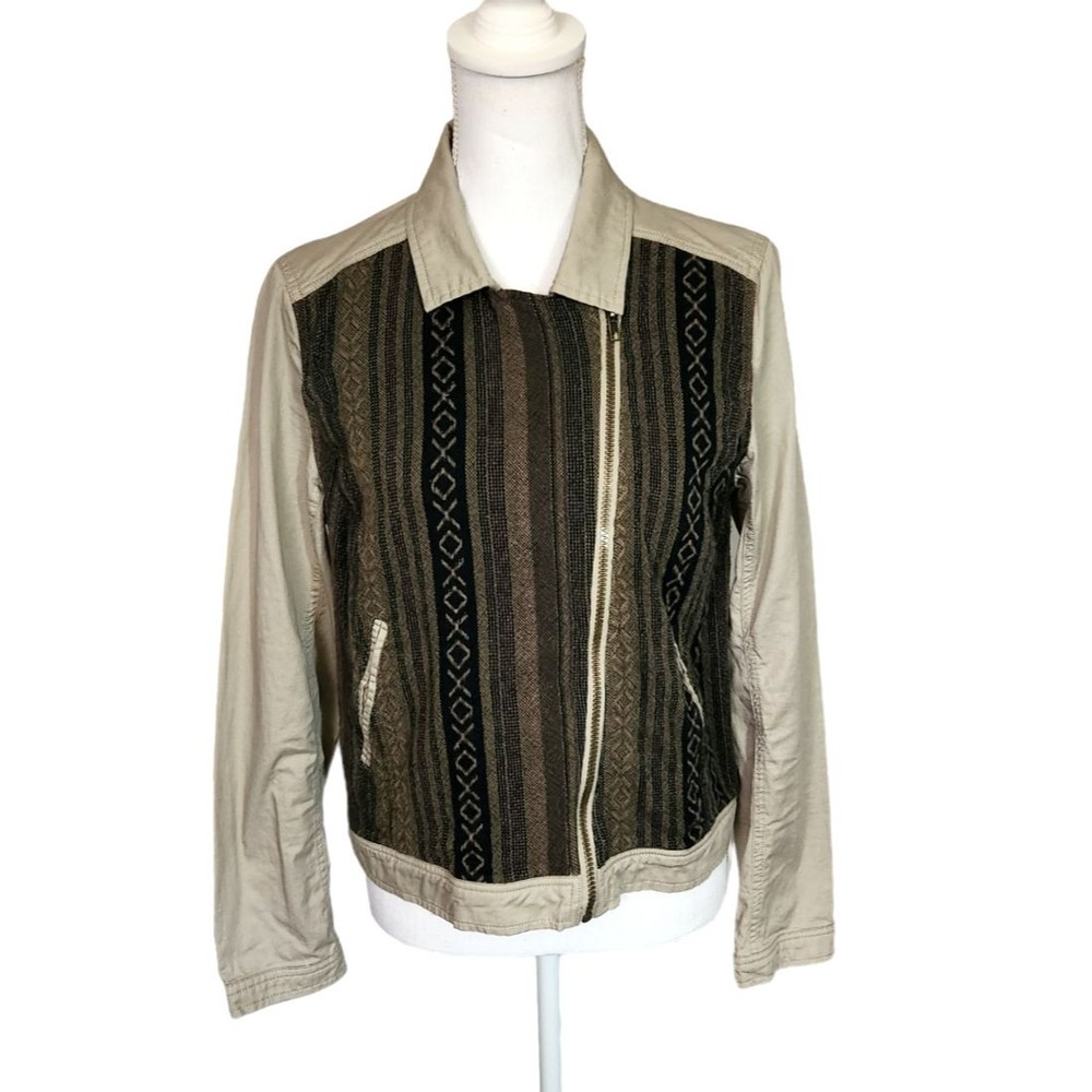 Harper Jacket Asymmetrical Zip Front Tan w/ Green Black Tapestry Size Large